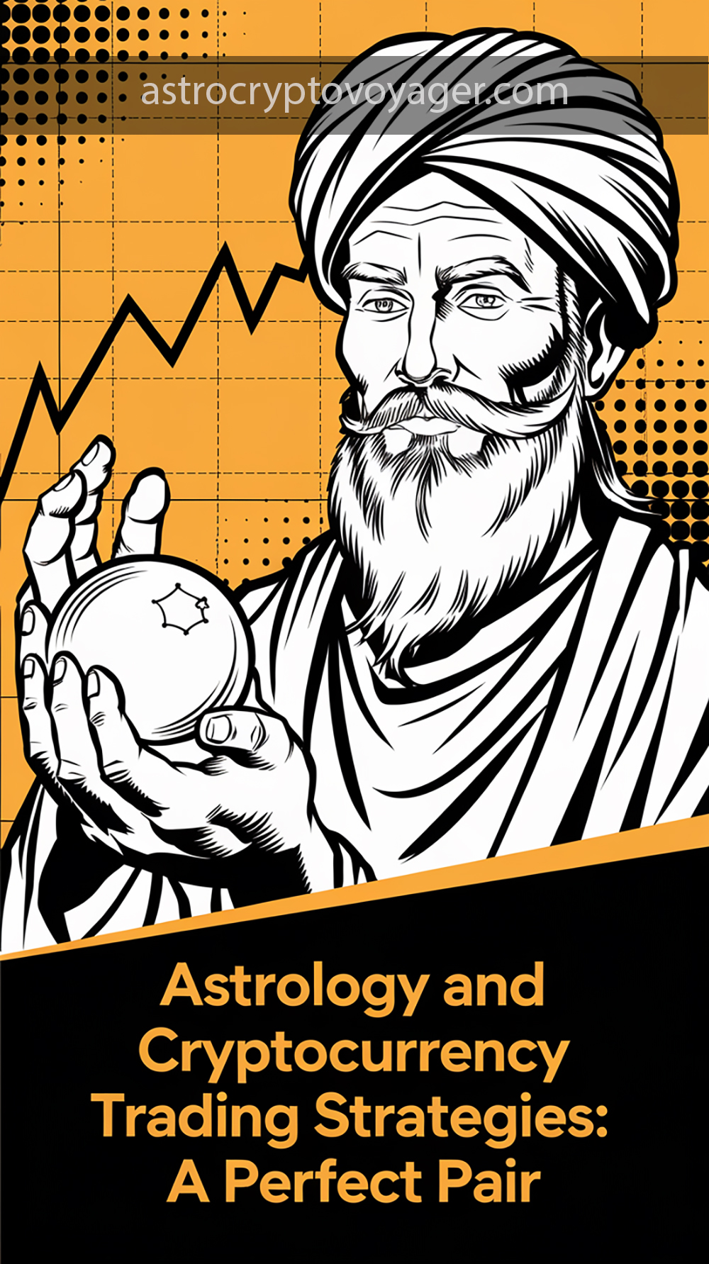 Comic book style, black and white with orange accents: Text on the image: "Astrology and Cryptocurrency Trading Strategies A Perfect Pair"